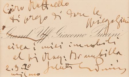 Lot #540 Giacomo Puccini Autograph Note Signed on Calling Card - Image 2