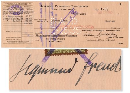 Lot #252 Sigmund Freud Signed Check from Liveright Publishing - Royalties for 'A General Introduction to Psychoanalysis' - Image 1