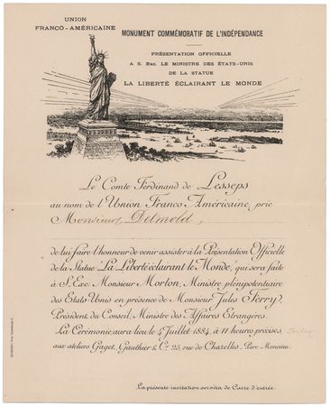 Lot #505 Statue of Liberty Original 1884 Invitation for the Official Parisian Presentation - Image 1