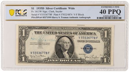 Lot #56 Harry S. Truman Signed One-Dollar Bill - PCGS Extremely Fine 40 PPQ - Image 1