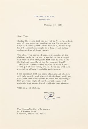 Lot #12 Richard Nixon Typed Letter Signed to Spiro T. Agnew, Sending the Disgraced VP His Cabinet Chair: 