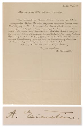 Lot #170 Albert Einstein Autograph Letter Signed, Thanking Baron Edmond de Rothschild for His Generosity: 
