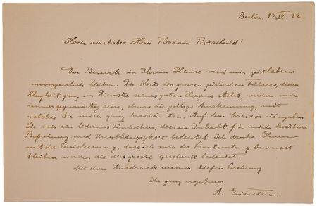 Lot #170 Albert Einstein Autograph Letter Signed, Thanking Baron Edmond de Rothschild for His Generosity: 