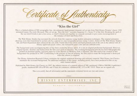 Lot #762 Ariel and Prince Eric limited edition cel from The Little Mermaid - 'Kiss the Girl' (#106/500) - Image 3