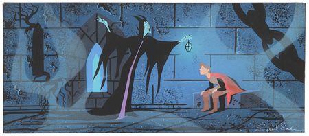 Lot #775 Eyvind Earle concept painting of Prince Phillip and Maleficent from Sleeping Beauty - Image 1
