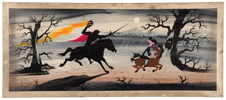 Lot #767 Mary Blair panoramic concept painting of Ichabod Crane and the Headless Horseman from The Adventures of Ichabod and Mr. Toad - Image 1
