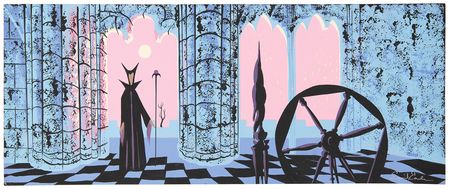 Lot #774 Eyvind Earle panoramic concept storyboard painting of Maleficent and the spinning wheel from Sleeping Beauty - Image 1