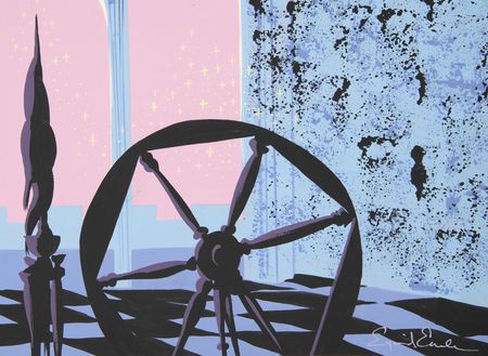 Lot #774 Eyvind Earle panoramic concept storyboard painting of Maleficent and the spinning wheel from Sleeping Beauty - Image 4