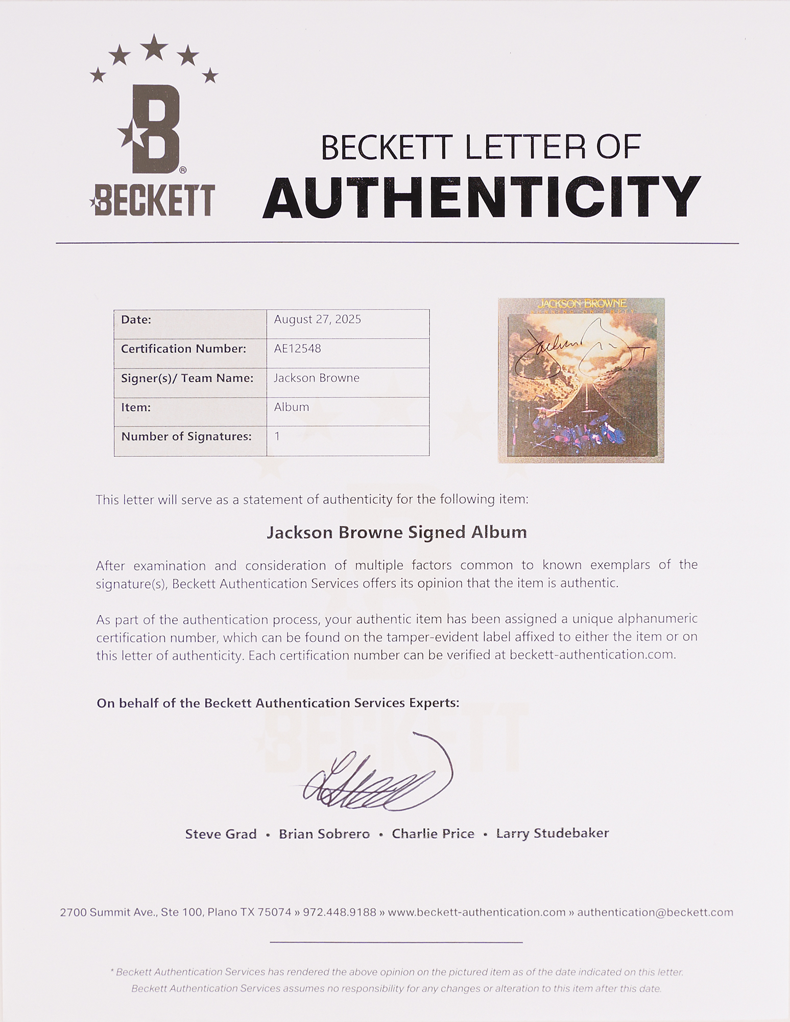 Jackson Browne Signed Album - Running On Empty | RR Auction