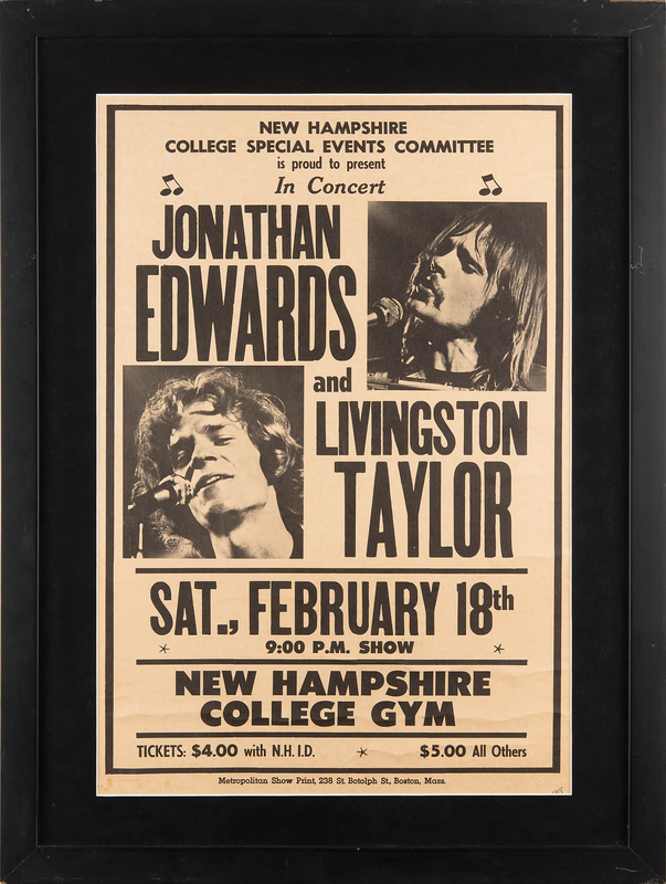 Lot 3403 Jonathan Edwards and Livingston Taylor Original 1978 'New Hampshire College Gym' Concert Poster