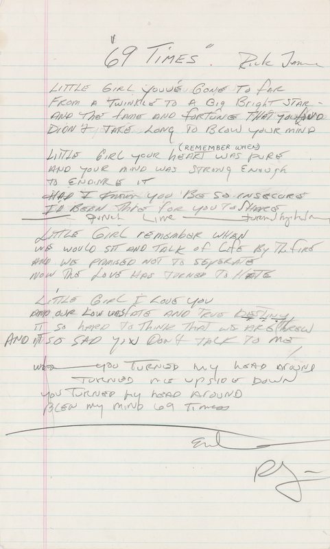 Lot 3516 Rick James Original Handwritten Song Lyrics for '69 Times'