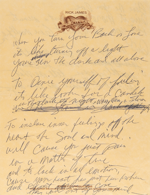 Lot 3517 Rick James Original Handwritten Song Lyrics for 'Don't Give up on Love'