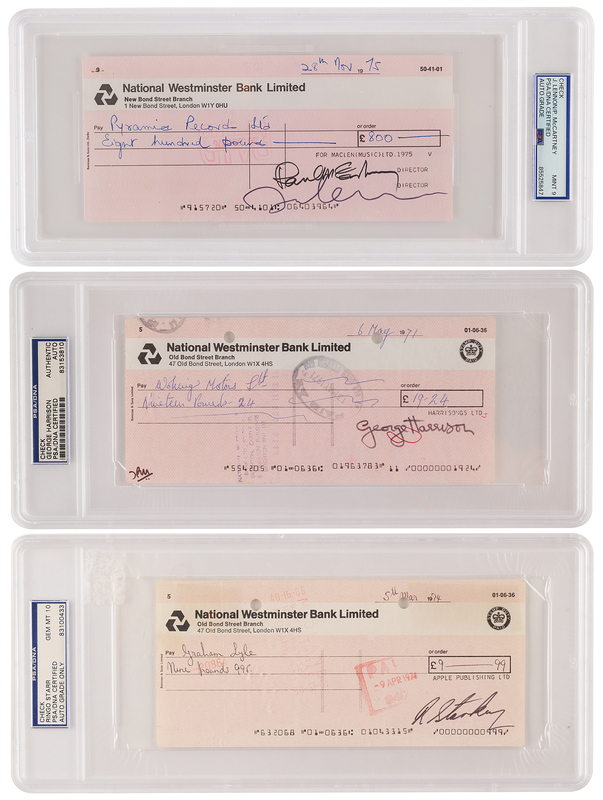 Lot 3016 Beatles (3) Signed Checks with Lennon, McCartney, Harrison, and Starr - A Sought-After Complete Set, Drawn on their Music Publishing Companies