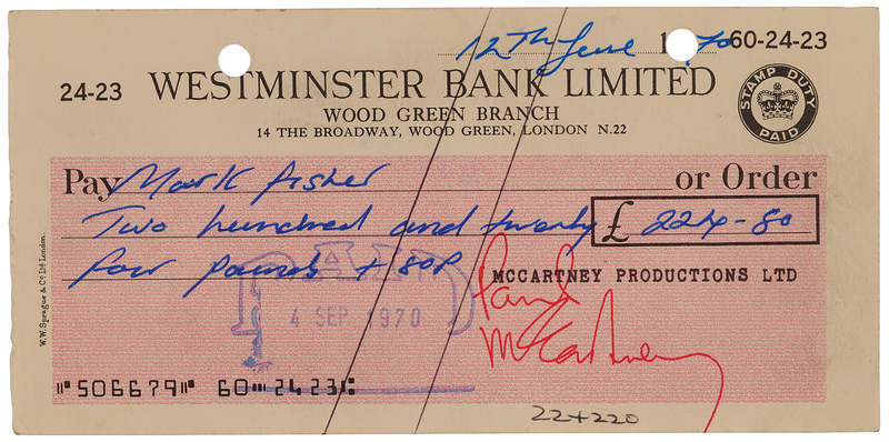Lot 3031 Paul McCartney Signed 'McCartney Productions' Business Check - Two Months After Announcing His Beatles Departure