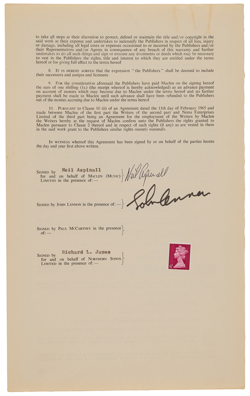 Lot 3019 John Lennon Signed Royalties Contract for 'Dear Prudence'