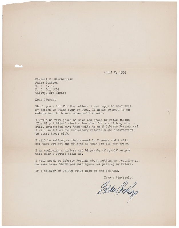 Lot 3433 Eddie Cochran Typed Letter Signed