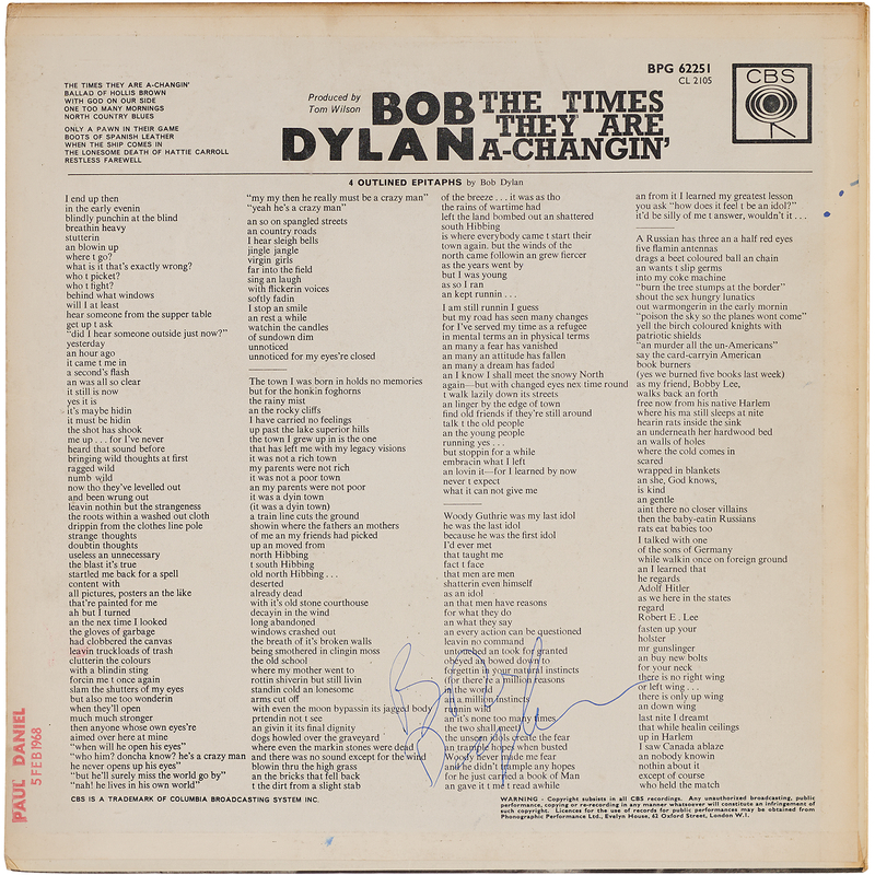 Lot 3207 Bob Dylan Signed Album - The Times They Are a-Changin'