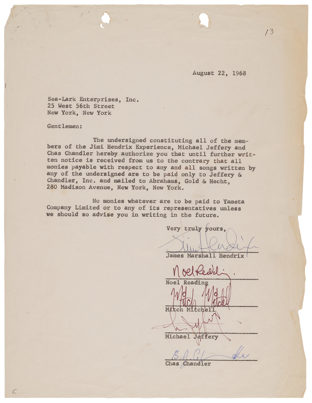 Lot 3227 Jimi Hendrix Experience Document Signed (1968) - Hendrix, Redding, and Mitchell Direct Payment of Royalties to their Management Team