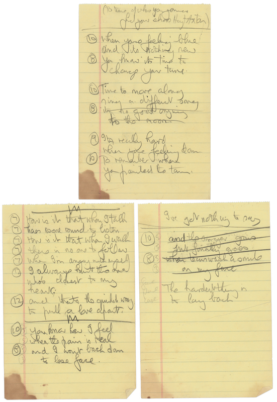 Lot 3165 Mal Evans (3) Sheets of Handwritten Song Lyrics