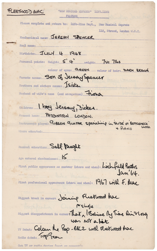 Lot 3509 Fleetwood Mac: Jeremy Spencer Signed and Filled-Out New Musical Express Questionnaire (1968-69)