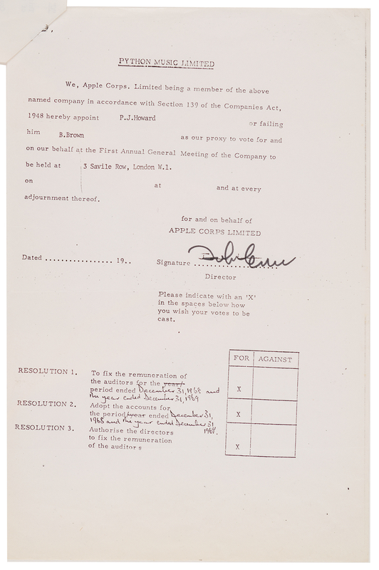 Lot 3020 John Lennon Document Signed for Python Music Limited