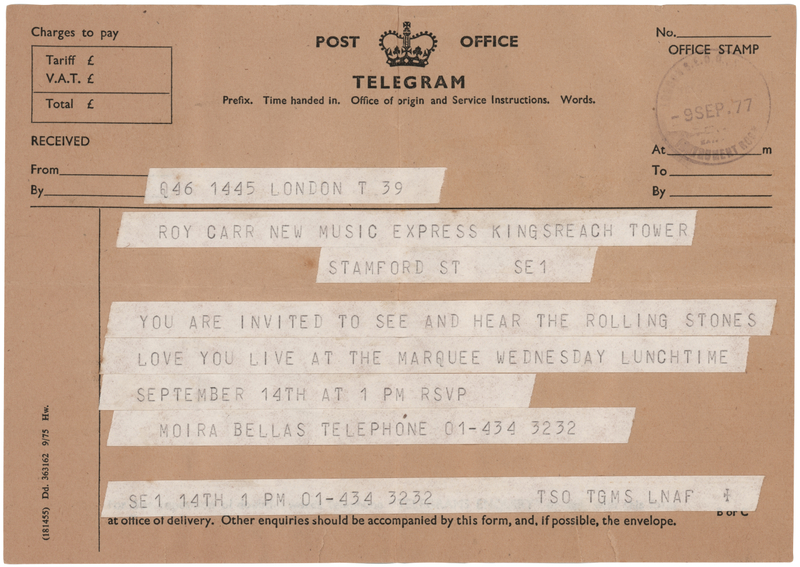 Lot 3271 Rolling Stones 1977 Telegram Invitation for the 'Love You Live' Launch Party