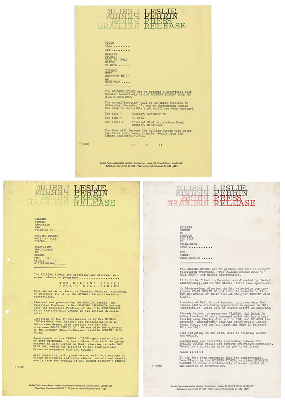 Lot 3268 Rolling Stones (3) Leslie Perrin Press Releases for The Rolling Stones Rock ‘n’ Roll Circus