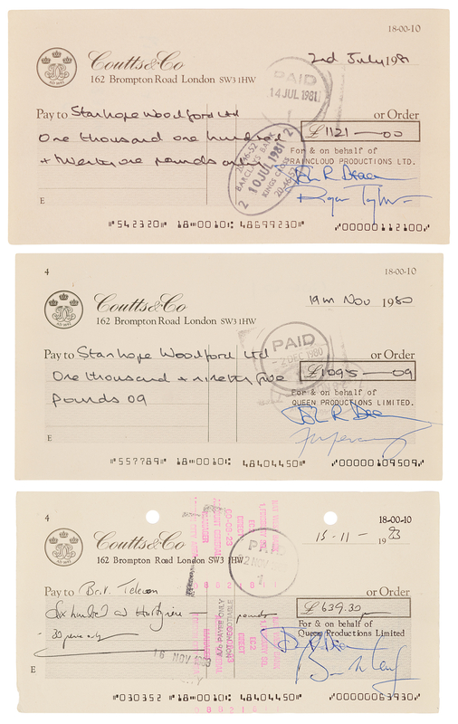 Lot 3351 Queen (3) Business Checks Signed by Each Band Member