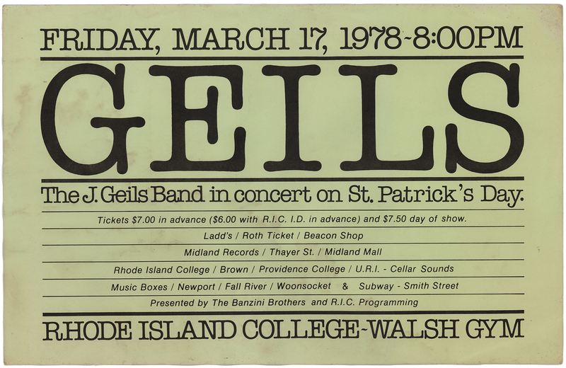 Lot 3606 J. Geils Band 1978 'St. Patrick's Day' Concert Poster (Rhode Island College) - 17? x 11?