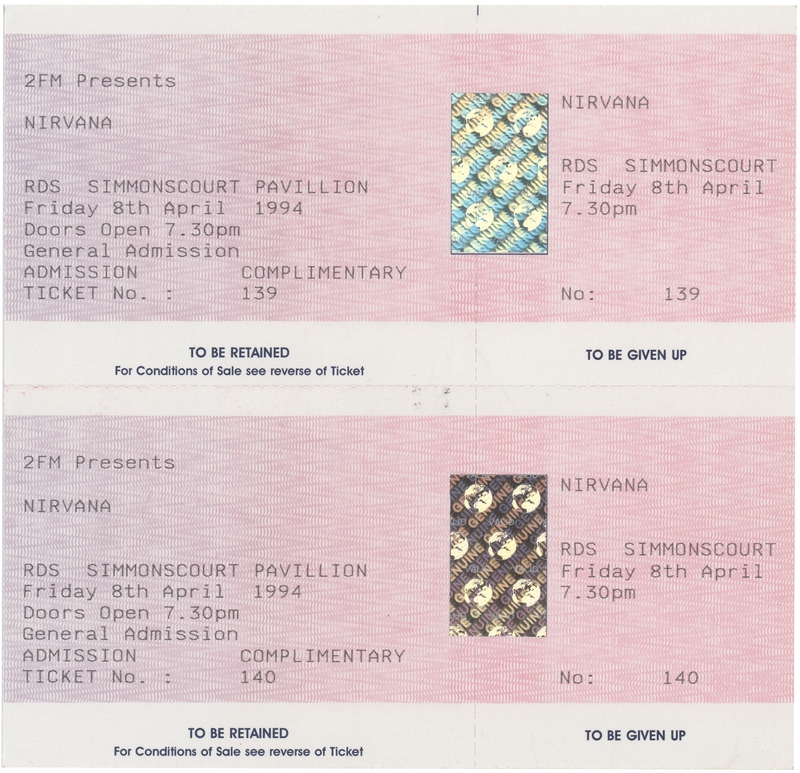 Lot 3665 Kurt Cobain: Nirvana (2) Unused Concert Tickets for Dublin's RDS Simmonscourt (April 8, 1994) - The Date Cobain's Body Was Found