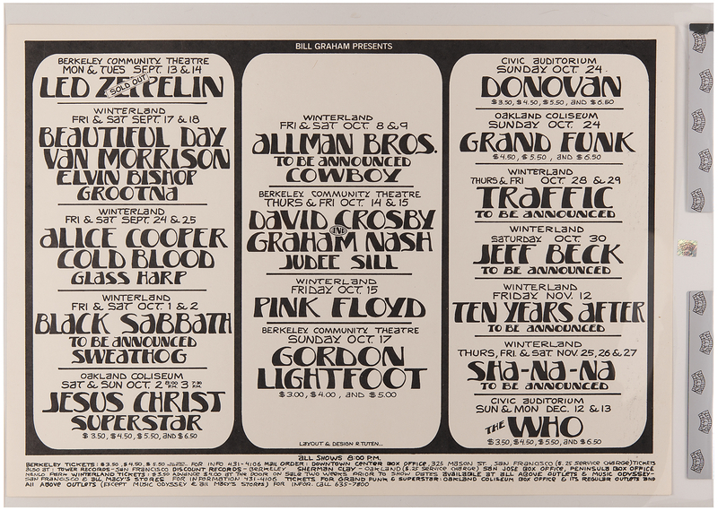 Lot 3339 Led Zeppelin, Black Sabbath, Pink Floyd, and The Who 1971 Bill Graham Concert Series Poster (26? x 21?)