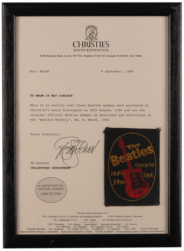 Lot 3157 Beatles Embroidered Fan Club Badge (c. 1964)