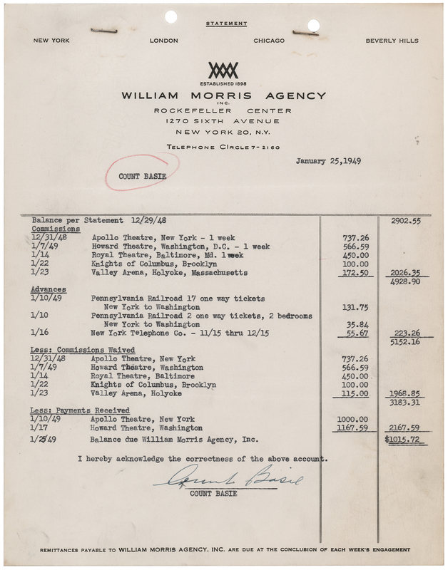 Lot 3366 Count Basie Document Signed