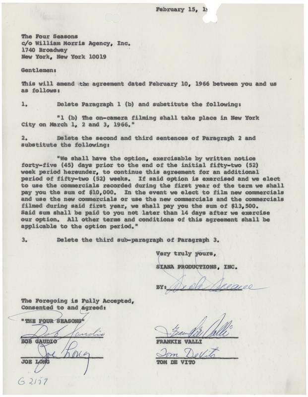 Lot 3463 Frankie Valli and the Four Seasons Document Signed