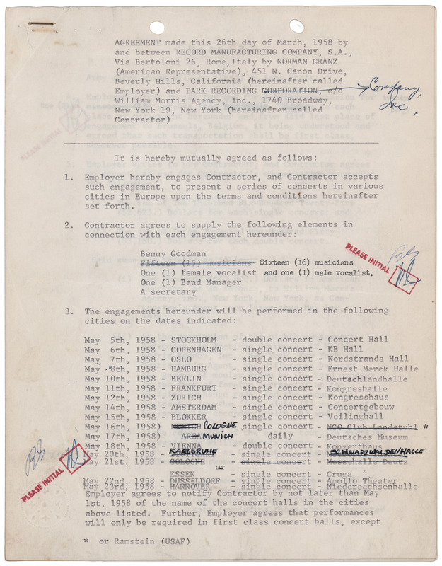 Lot 3374 Benny Goodman and Norman Granz Document Signed
