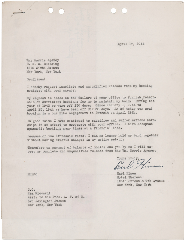 Lot 3375 Earl 'Fatha' Hines Typed Letter Signed