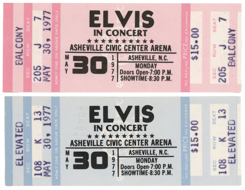 Lot 3390 Elvis Presley (2) 1977 Asheville Civic Center Arena Concert Tickets (Canceled Show)