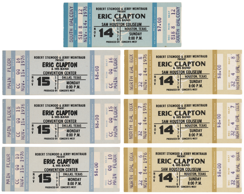 Lot 3495 Eric Clapton (7) 1977 Texas Concert Tickets