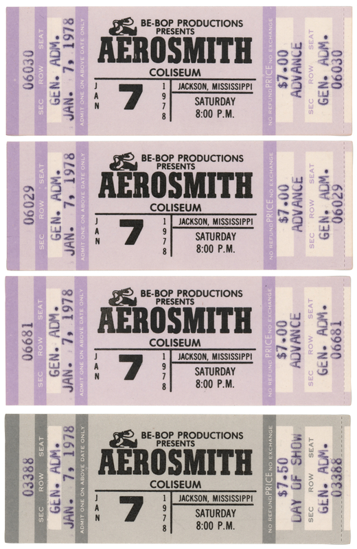 Lot 3476 Aerosmith (5) 1978 Mississippi Concert Tickets