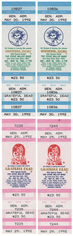 Lot 3328 Grateful Dead (4) 1992 Sam Boyd Stadium Concert Tickets