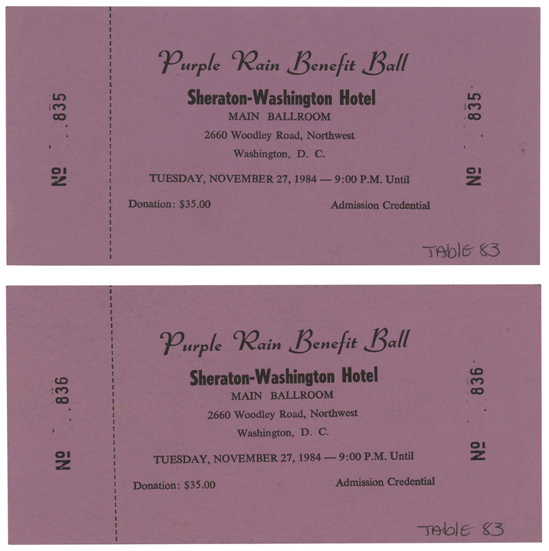 Lot 3649 Prince (2) Unused Purple Rain Benefit Ball Tickets - From the Collection of Susie Davis