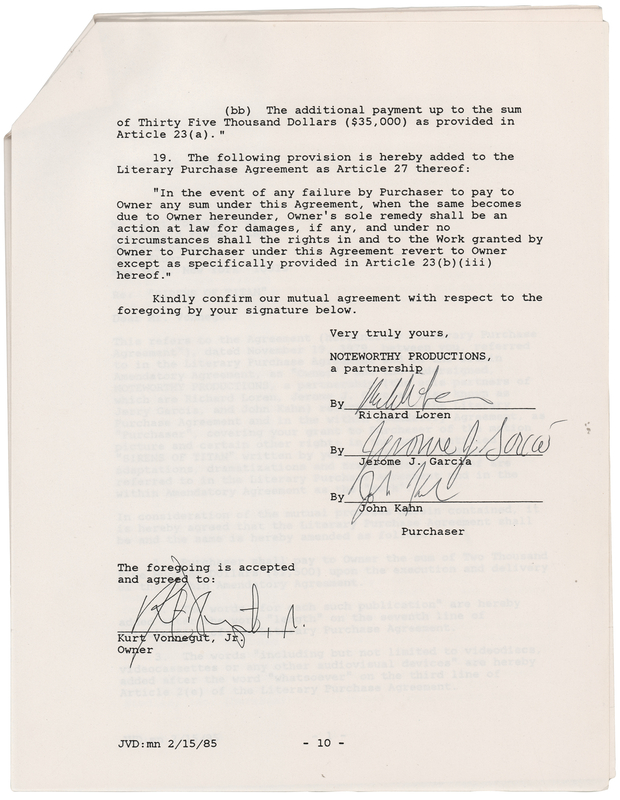 Lot 3313 Jerry Garcia and Kurt Vonnegut Document Signed for the Film Rights to 'The Sirens of Titan'