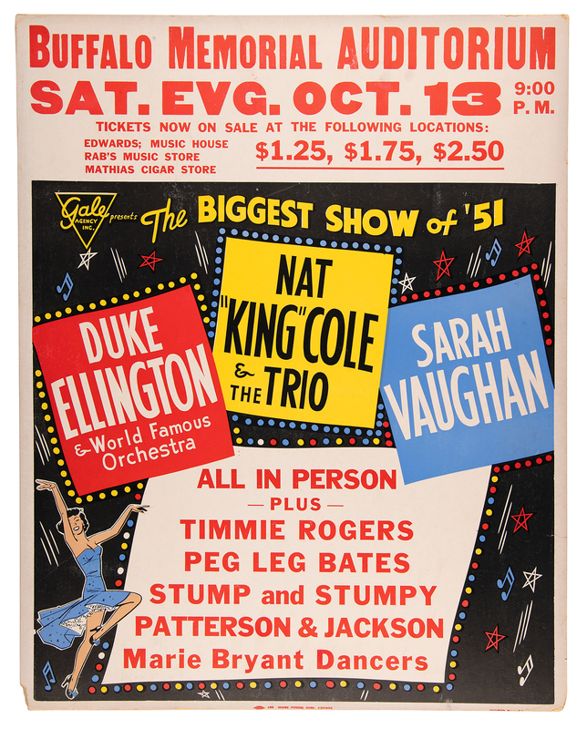 Lot 3370 Nat King Cole Trio, Duke Ellington, and Sarah Vaughan 1951 Buffalo Memorial Auditorium Concert Poster (22˝ x 28˝)