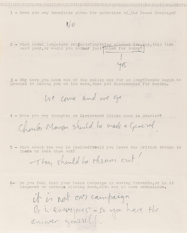 Lot 3024 John Lennon Handwritten 'John & Yoko Peace Club' Questionnaire: 