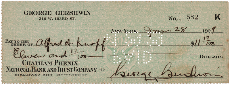 Lot 3373 George Gershwin Signed Check to Publisher Alfred A. Knopf