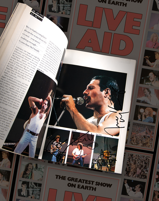 Lot 3588 Live Aid Multi-Signed Book with Queen, David Bowie, Elton John, and (20+) Musical Acts
