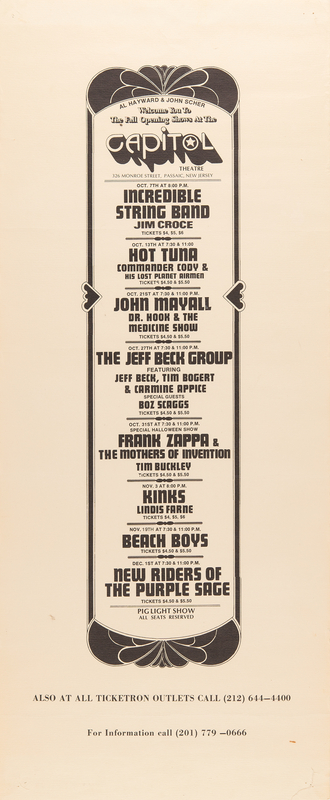 Lot 3492 Beach Boys, Jeff Beck, and Frank Zappa 1972 Capitol Theatre Concert Poster (12? x 29?)