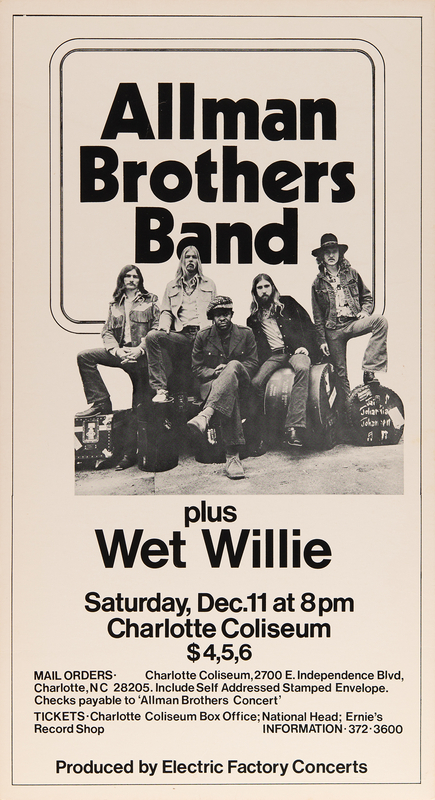 Lot 3477 Allman Brothers 1971 Charlotte Coliseum Concert Poster (13˝ x 24˝)