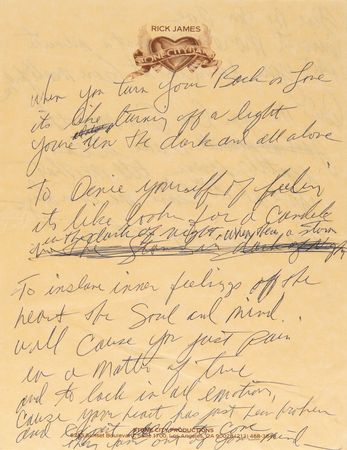 Lot #3517 Rick James Original Handwritten Song Lyrics for 'Don't Give up on Love' - Image 1