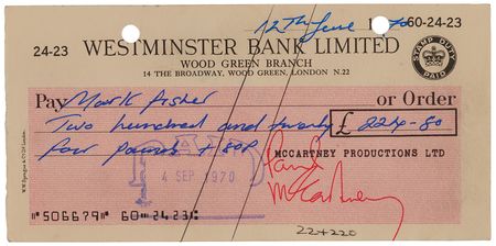 Lot #3031 Paul McCartney Signed 'McCartney Productions' Business Check - Two Months After Announcing His Beatles Departure - Image 1